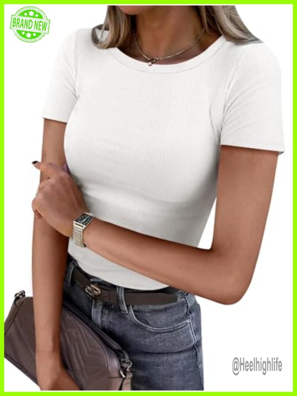 Ribbed Short Sleeve Crew Neck Slim Fit Basic Tee Casual Top